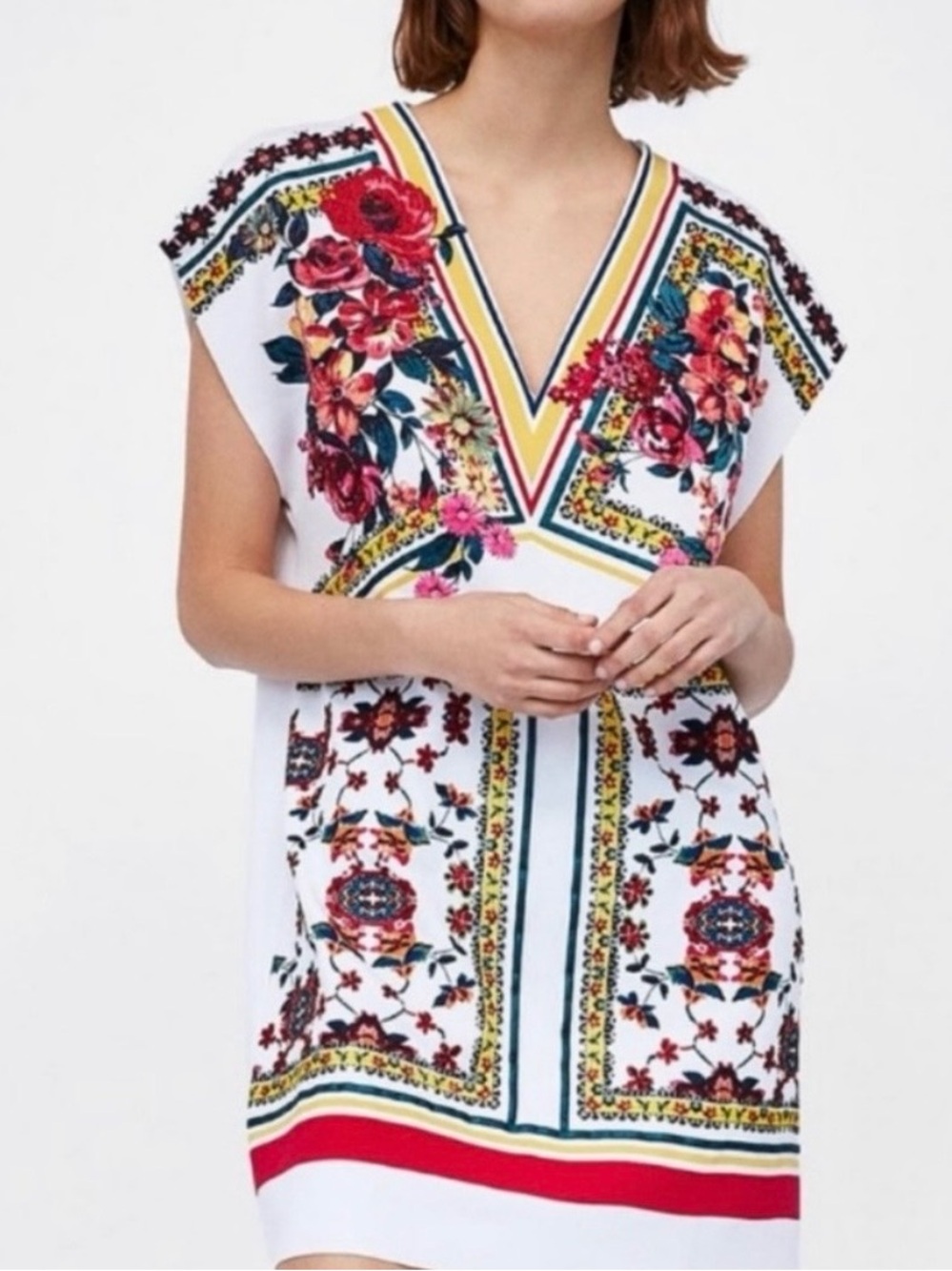 Zara White V-Neck Dress with Multicolor Trim